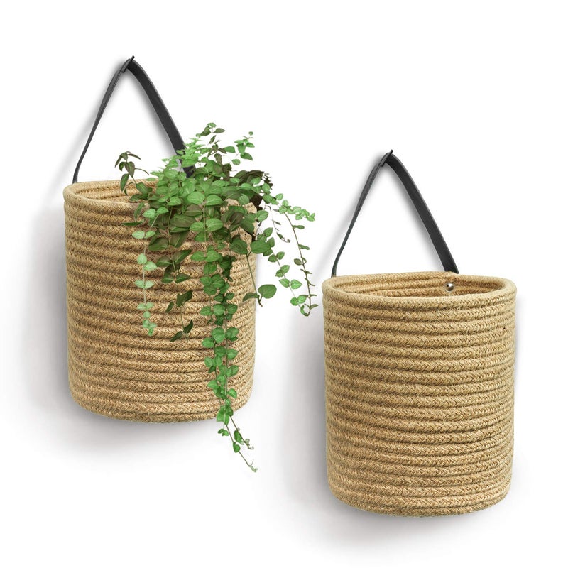 Goodpick 2pack Jute Hanging Basket - Small Woven Fern Hanging Rope Basket Flower Plants Wall Basket Decor Set Boho  7.87 x 7 x 11.7 inches - Image 1